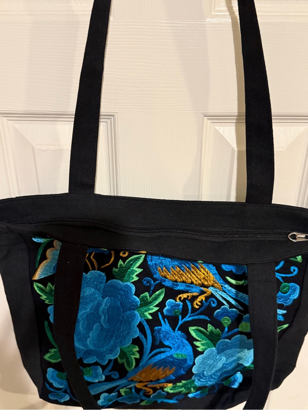 Black Tote with Blue Floral & Bird Embroidery - Picture 4 of 5